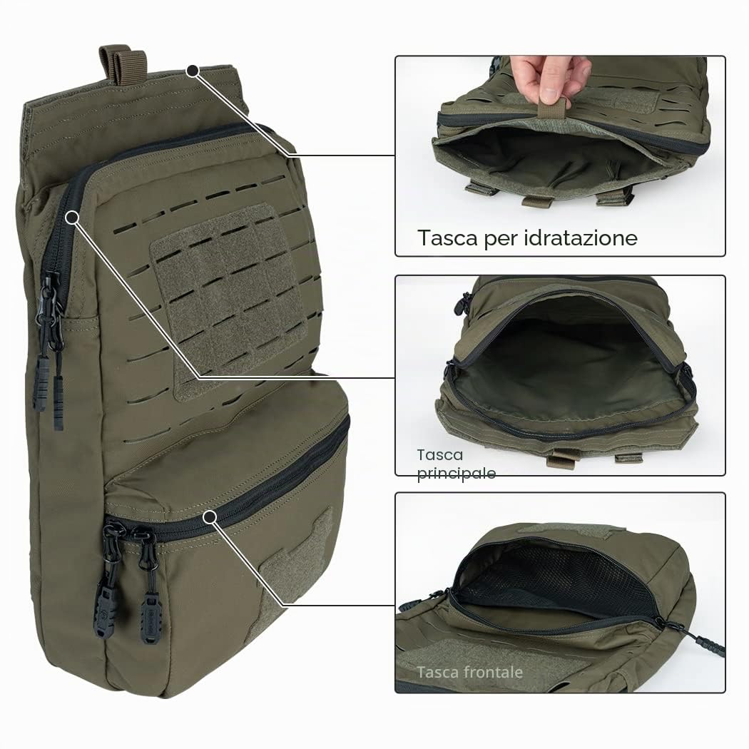 Zaino tattico per idratazione MOLLE per vescica d'acqua da 2 litri Borsa per idratazione 500D Nylon(Ranger Green)