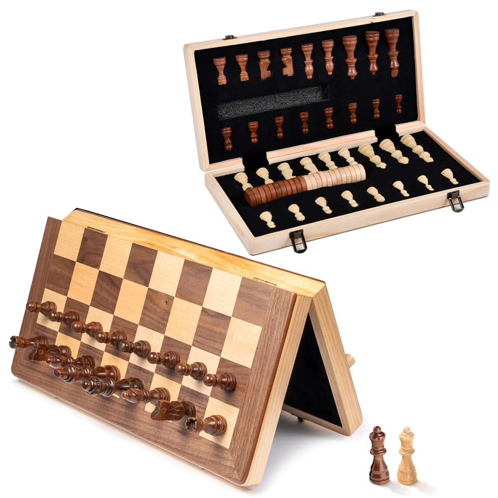 Ajedrez Ajedrez estándar internacional plegable, damas y ajedrez, juego de mesa de madera magnético 2 en 1, caja de almacenamiento de 15 pulgadas, bolsa para 2 jugadores ajedrez clásico