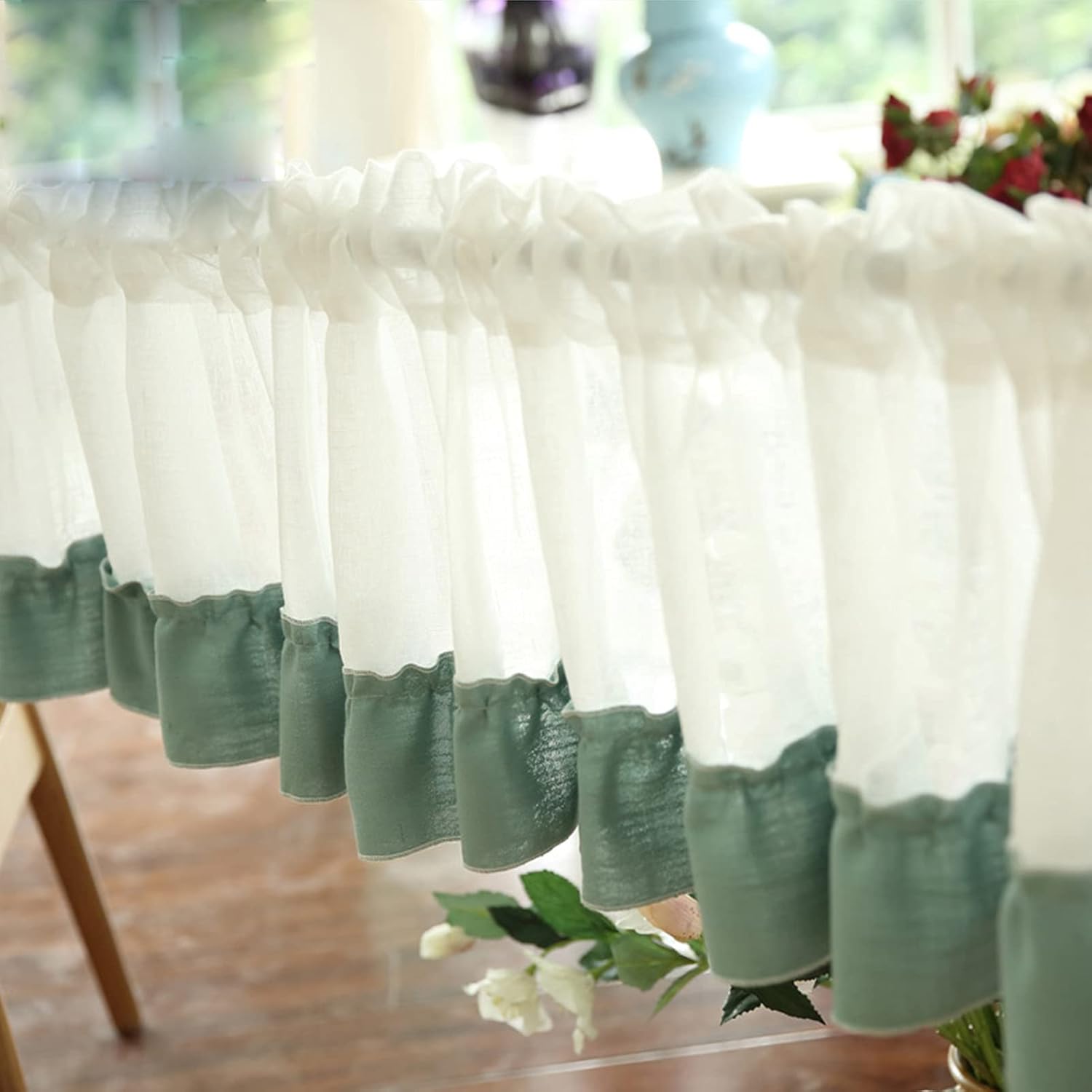 Kitchen Tier Curtains Valance,Country Style Cafe Curtain,Modern Bistro Curtain,Short Curtain Half Curtain Cotton Semi-Darkening Curtains with Lace for Living Room Bedroom Kitchen