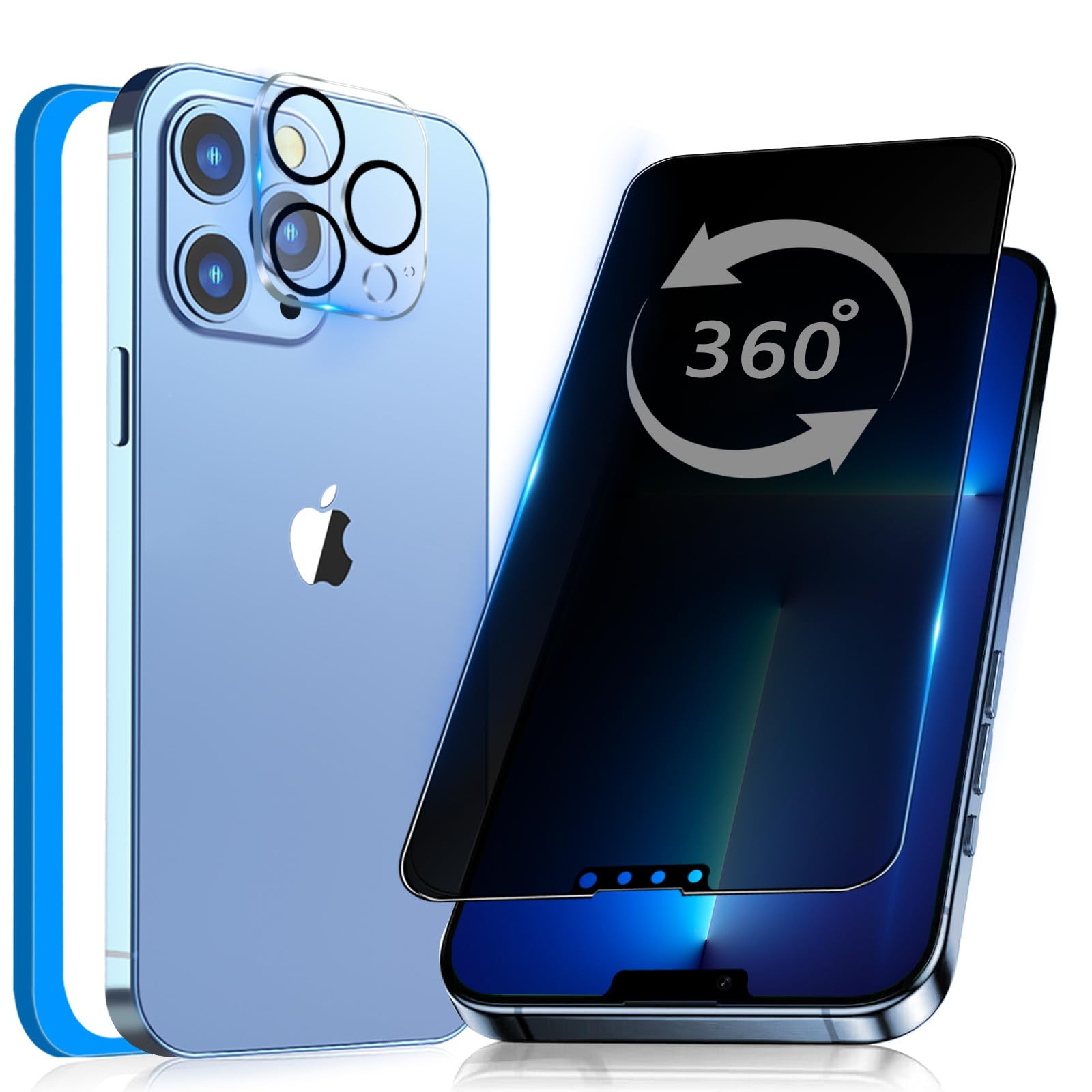 【360度 覗き見防止】 iPhone13ProMax 用 ガラスフィルム 覗き見防止 360 全方向 液晶保護 フィルム のぞき見 強化ガラス アイフォン 13プロ マックス 用 のぞき見防止 360° 上下左右 見えない 【プライバシー/9H/気泡ゼロ/貼り付け簡単/カメラフィルム付き】