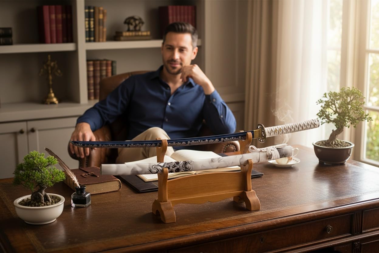 Profi Katana Schwert Echt Scharf Metall aus 1095 Stahl mit Scheide Ständer und Geschenkbox Handgeschmiedete gebeizte Klinge nur für Erwachsene 18 Jahre erforderlich