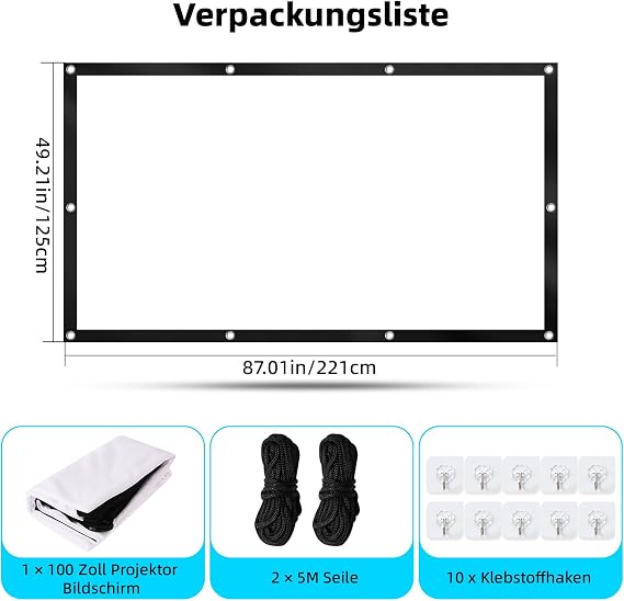 Screen Projector 100 Inch 16:9 4K HD Portable Projection Screen Made of Thickened Milk Silk Includes 10 Hooks & 2 Tying Ropes Suitable for Home Cinema Office School and Outdoor Use