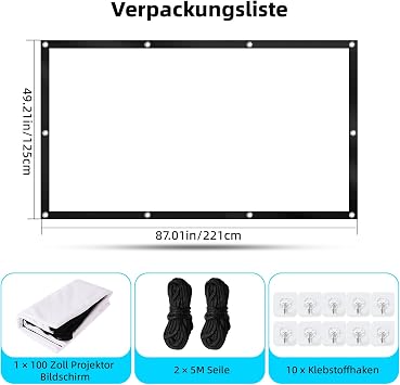 Screen Projector 100 Inch 16:9 4K HD Portable Projection Screen Made of Thickened Milk Silk Includes 10 Hooks & 2 Tying Ropes Suitable for Home Cinema Office School and Outdoor Use