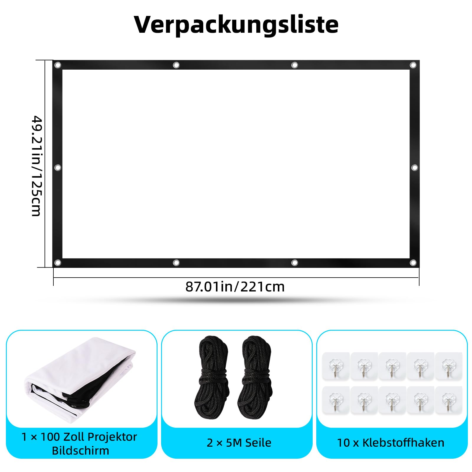Leinwand Beamer 100 Zoll, 16:9 4K HD Projektionsleinwand aus verdickter Milchseide, tragbare Beamer Leinwand mit 10 Haken & 2 Bindeseilen, für Heimkino, Büro, Schule, Party und Outdoor