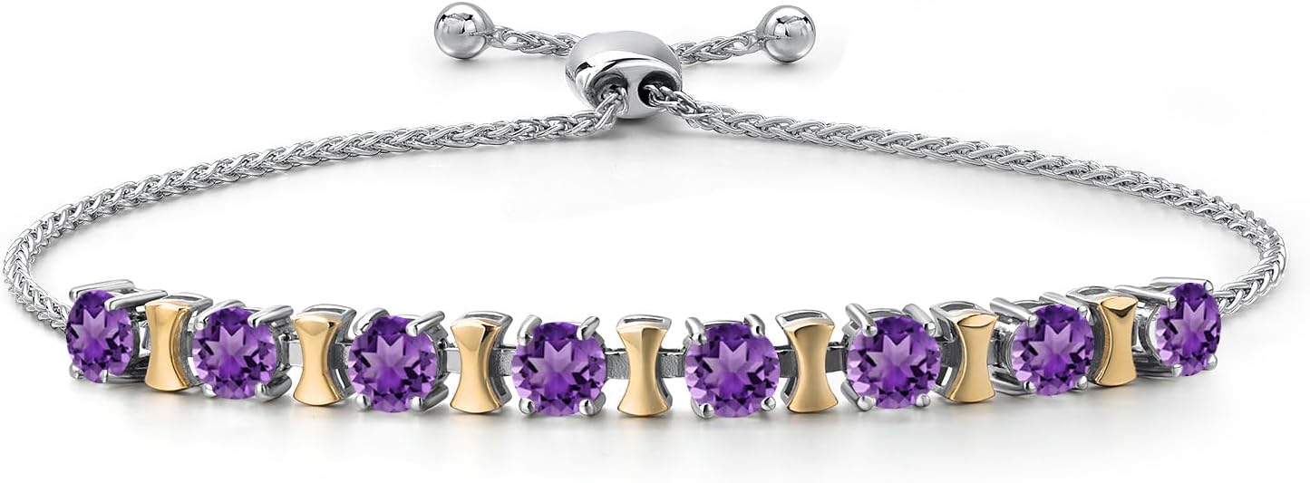 Gem Stone King 2-Tone Birthstone Bracelet for Women | 925 Silver 10K Yellow Gold | 4MM Round Gemstones | Adjustable Bolo Up to 9 Inch | Jewelry Gift for Her Mom Wife