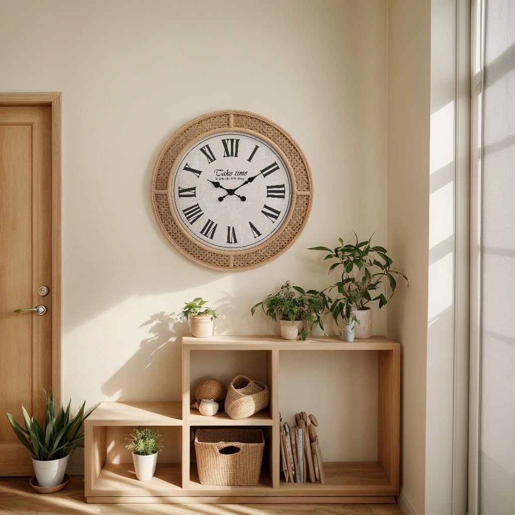 Amazon.co.jp: FLORA ファームハウス ラタン 壁掛け時計 24インチ 電池 