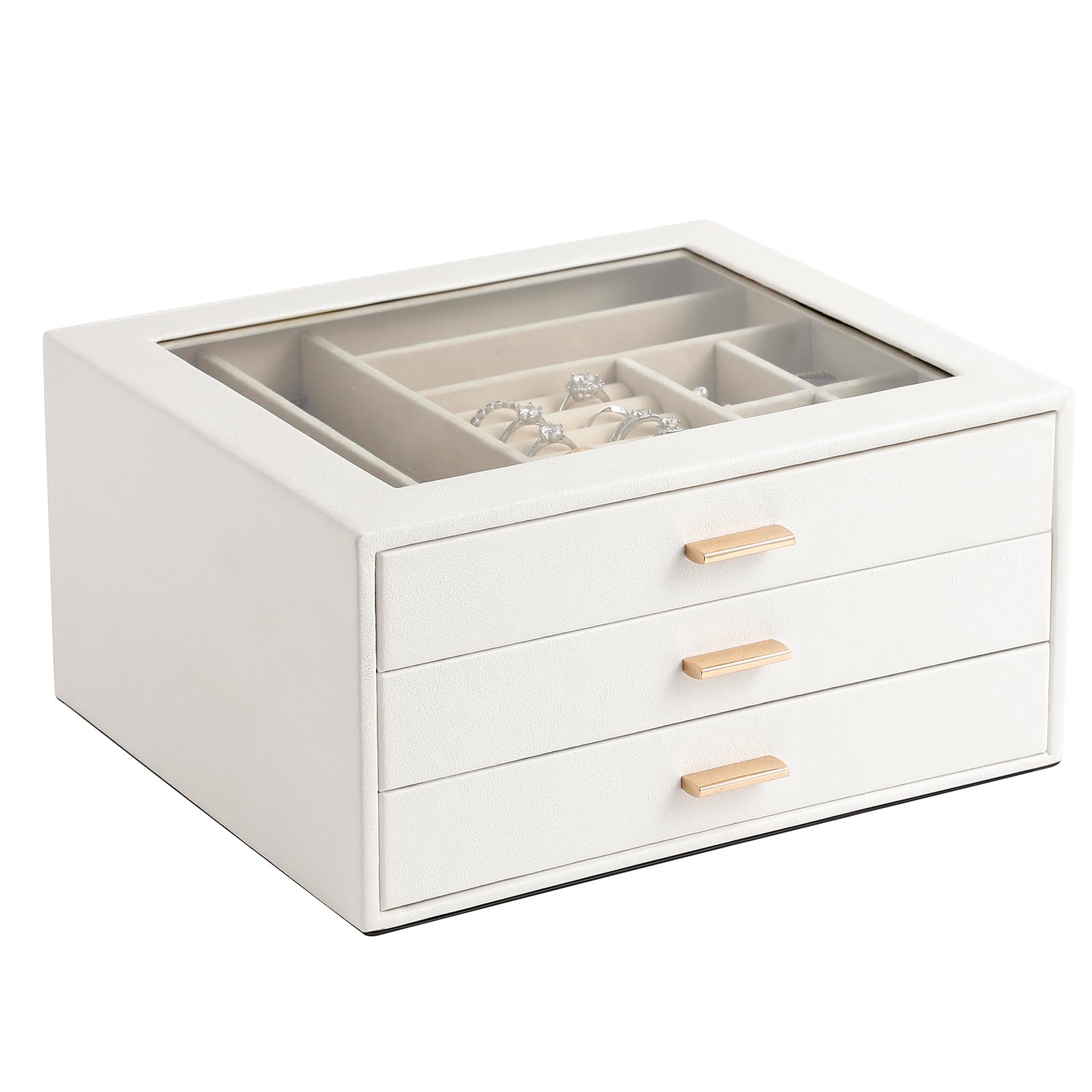 Jewelry Box with Glass Lid 3-Layer Jewelry Organizer for Women Girls PU Leather Display Case with 20-Grid Earring