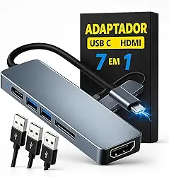 Adaptador Hub USB-C 7 em 1 FlowHub Original Multiportas com HDMI 4K 60Hz, 7 Portas USB 3.0, Leitor SD/TF, Tipo C Power Delivery 100W Compacto Entrada USB