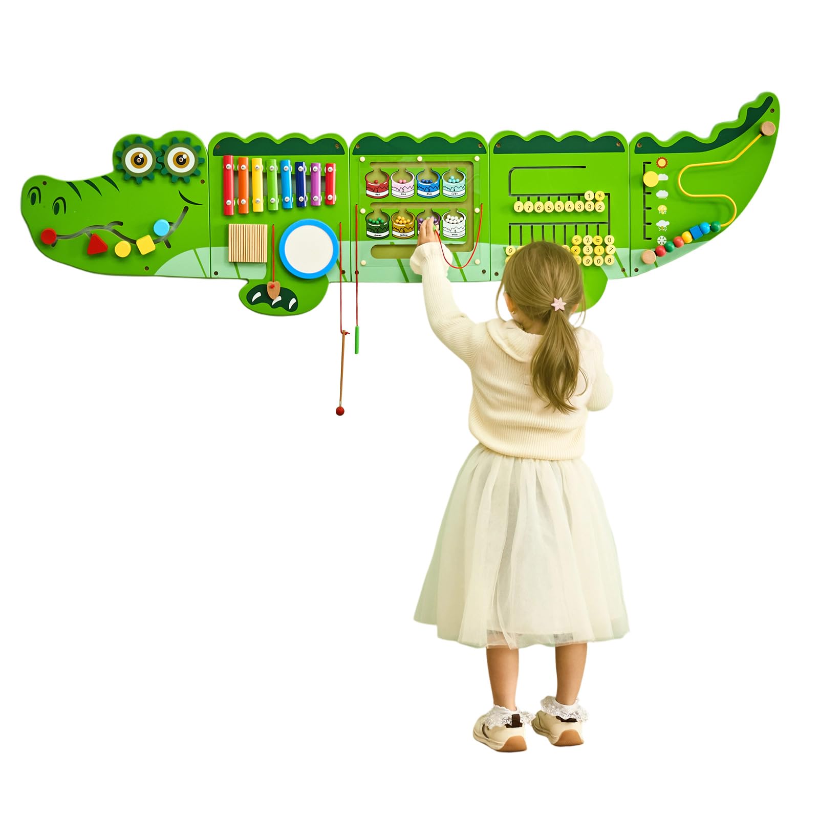 VEVOR Tablero Montessori de Pared de Cocodrilo para Niños 3 a 12 Años, Panel Sensorial con 9 Juegos Interactivos de MDF para Actividad Guardería Aula Habitación Infantil Motricidad Fina y Juego Diario