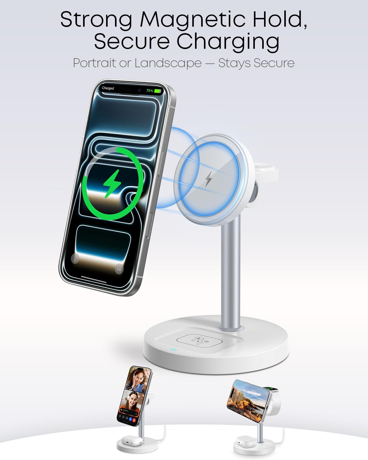 Station de Charge sans Fil 3 en 1 pour Apple Series, Chargeur magnétique Rapide 15 W, Support de Nuit pour Chambre, iPhone 12-16, Apple Watch, Airpods, Cadeaux pour Homme et Femme - Blanc (sans