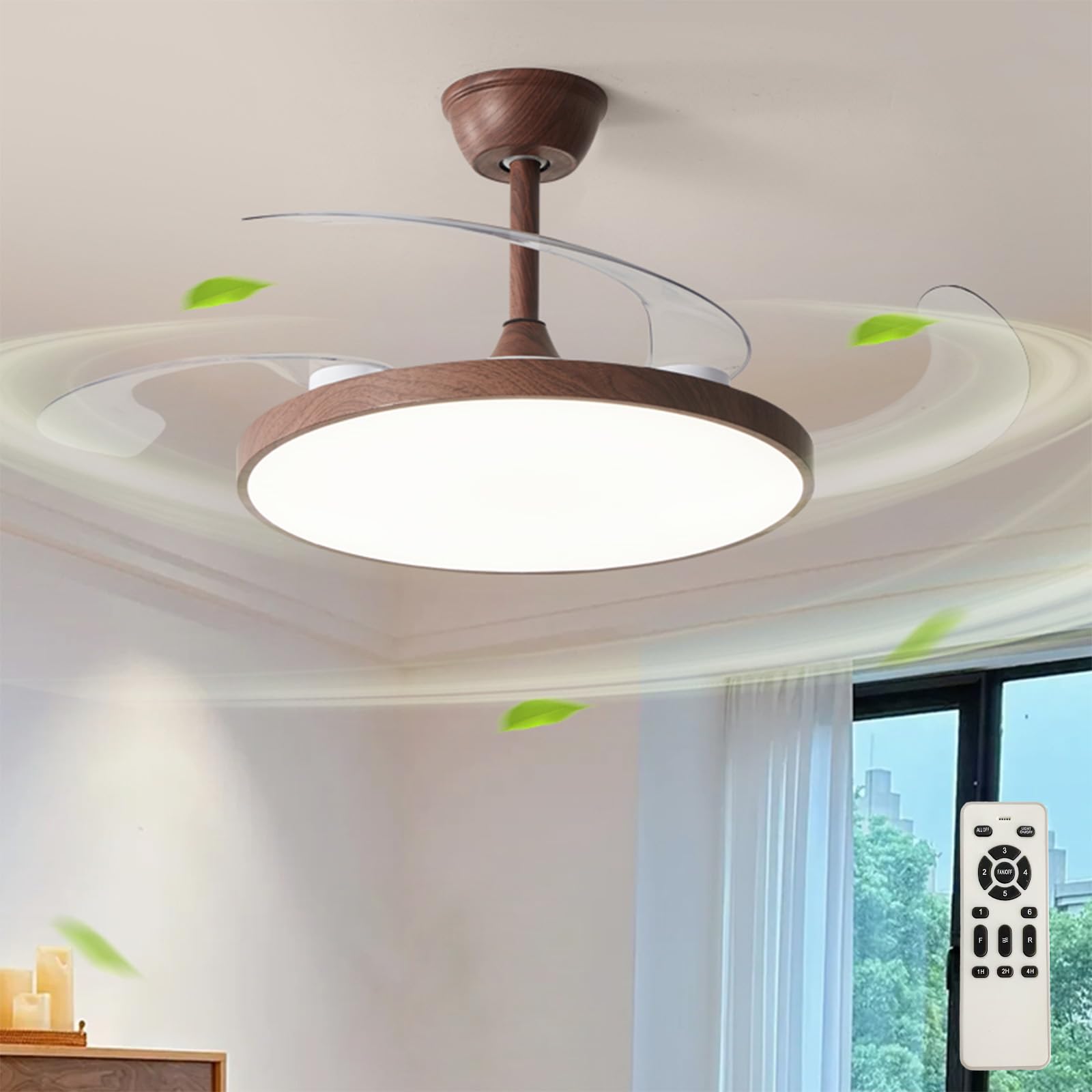 SXDMOUBK Modern Retractable Ceiling Fan with Light Remote Control Silent Operation Dimmable LED Reversible 6 Speed Smart for Bedroom 95cm Wood Finish