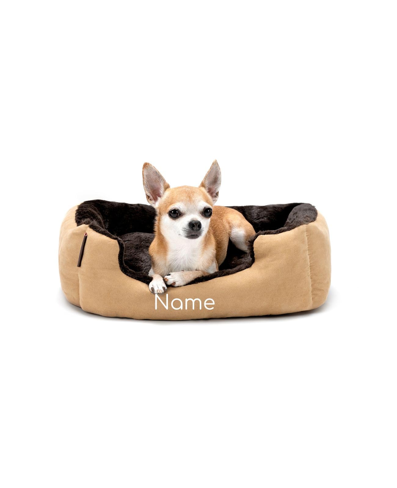 lionto Hundebett mit Wendekissen und Rutschfester Unterseite, Heimtierkissen mit tiefem Einstieg für Hunde und Katzen jeden Alters, 50x37 cm, kuscheliges Hundekissen, beige/braun (Namensaufdruck)