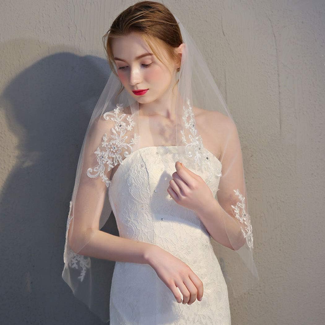 クリスタル花嫁ウェディングベール レースアップリケブライダルベール 1段ショートヒップ丈ベール ソフトチュール ヘアアクセサリー 女