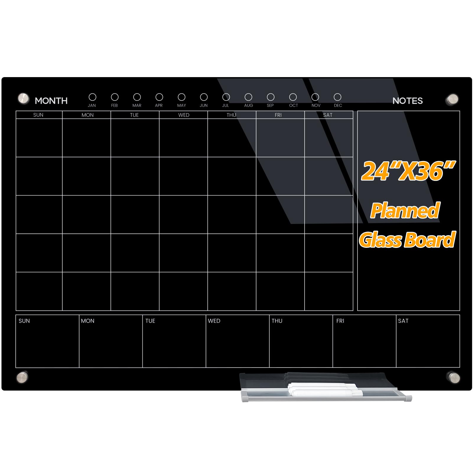 Magnetic Glass Whiteboard 36X24 Monthly Planner Calendar Dry Erase Board for Home School Office Frameless with Markers Marker
