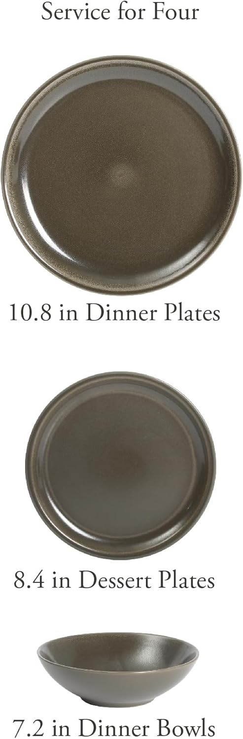 Gibson Elite 12 Piece (Service for 4) Lakecrest Plates and Bowls Reactive Glaze Round Dishes Stoneware Ceramic Dinnerware Set - Dark Green