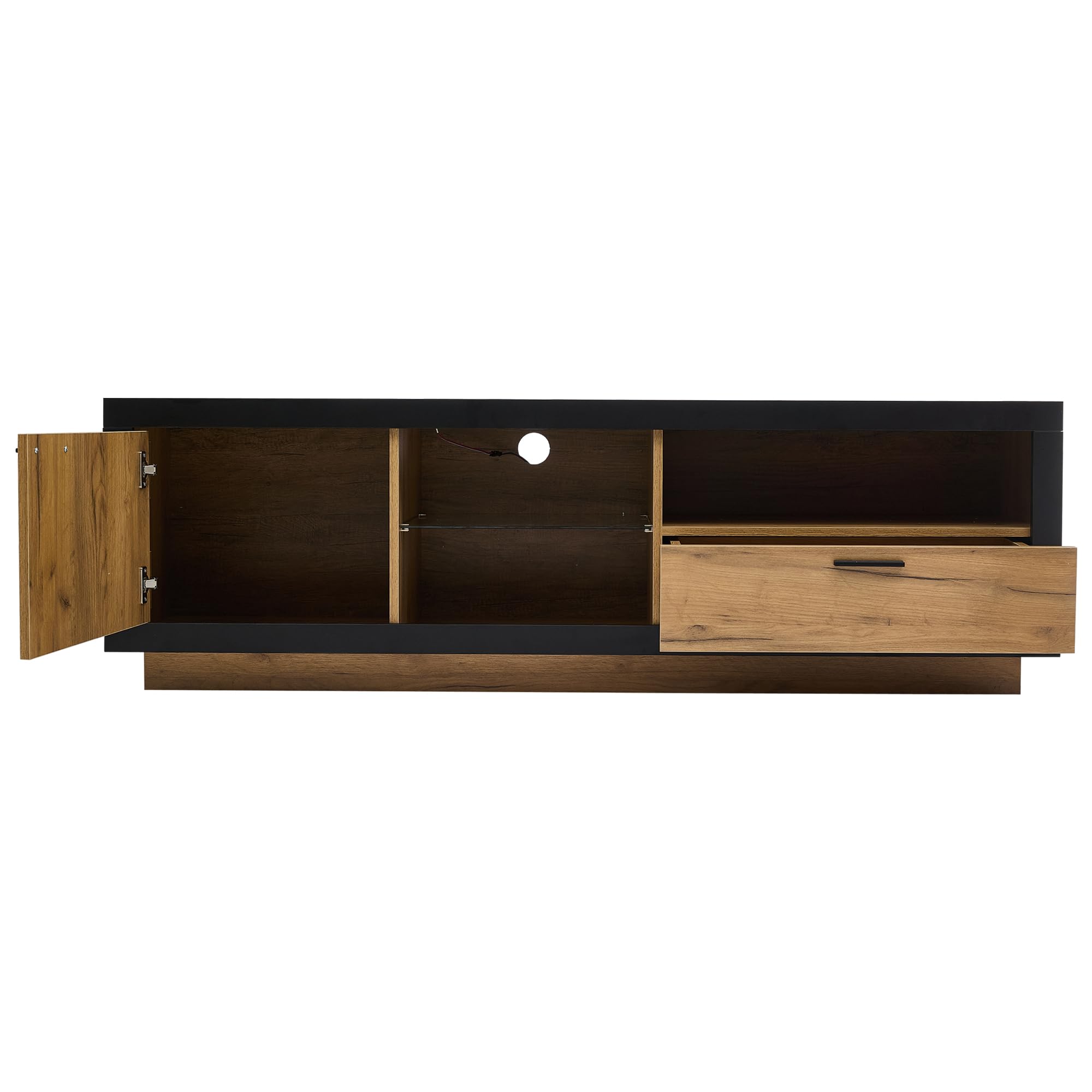 BTM LED TV-Schrank mit Glasböden & App-Steuerung 160x40cm Lowboard für 70-Zoll-Fernseher Gaming Media Center Schwarz+Eiche, 50kg Tragkraft