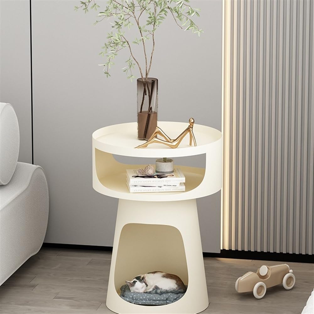 tavolo da soggiorno Tavolino rotondo creativo in metallo, tavolino da caffè a doppio strato, tavolino da divano for balcone, comodino for camera da letto, cuccia for gatti Piccolo Tavolino(Bianco)