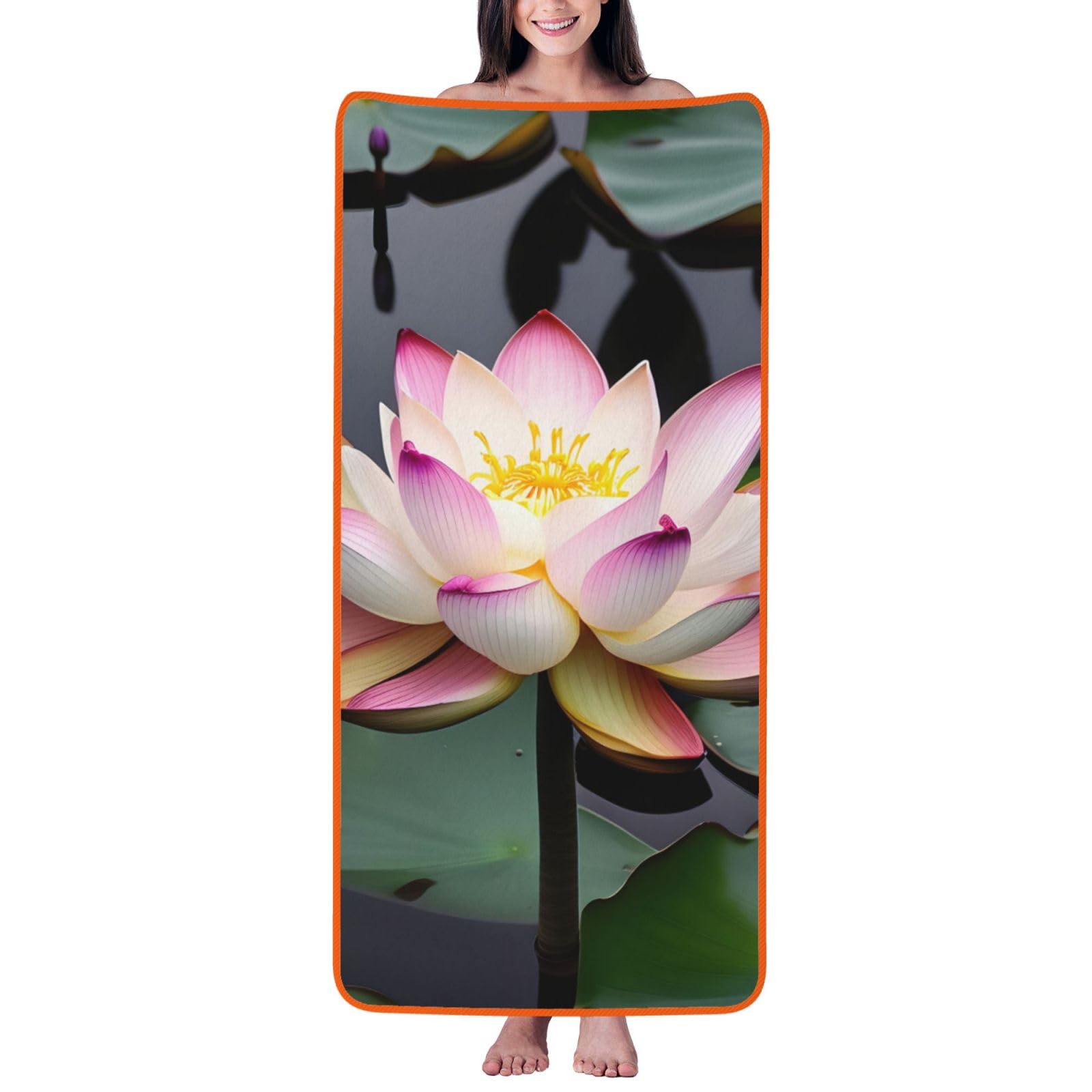 Nimongt Unisex Orange Lotus Flower White Print Lightweight Comfort Coral Velvet Bath Towel Home Bathroom Hotel Spa Beach Travel