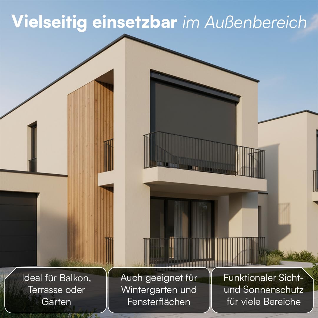 STEELSØN Azurian Senkrechtmarkise außen – Sichtschutz Balkon 200x250 cm – Außenrollo mit Handkurbel Anthrazit – Balkonmarkise als Windschutz, Sonnenschutz – Vertikalmarkise wetterfest inkl. Montageset