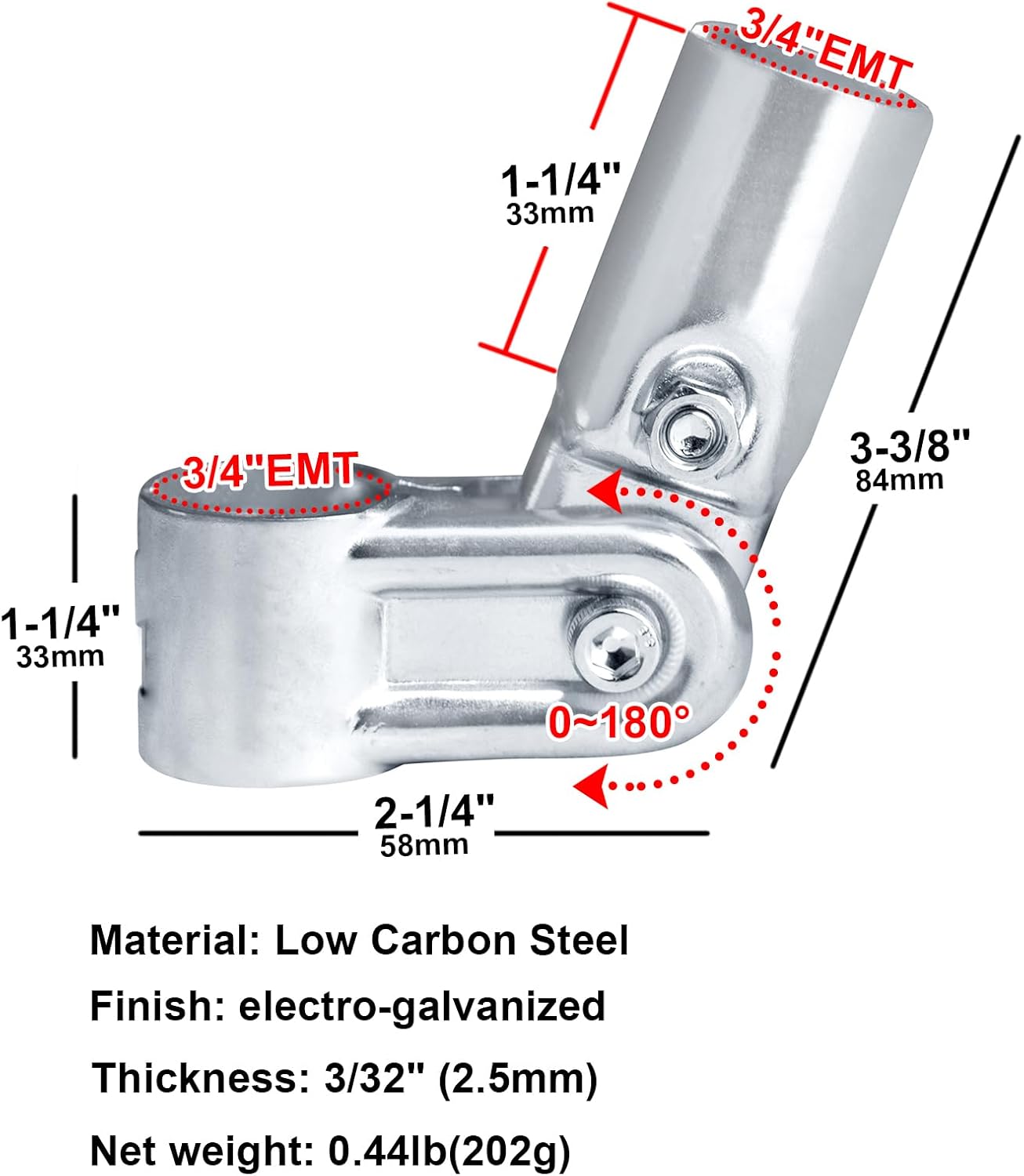 10 Sets Adjustable Angle Pipe Clamp Connectors, Fits 3/4" EMT Directly, Includes Adapter Shims for 1/2" EMT