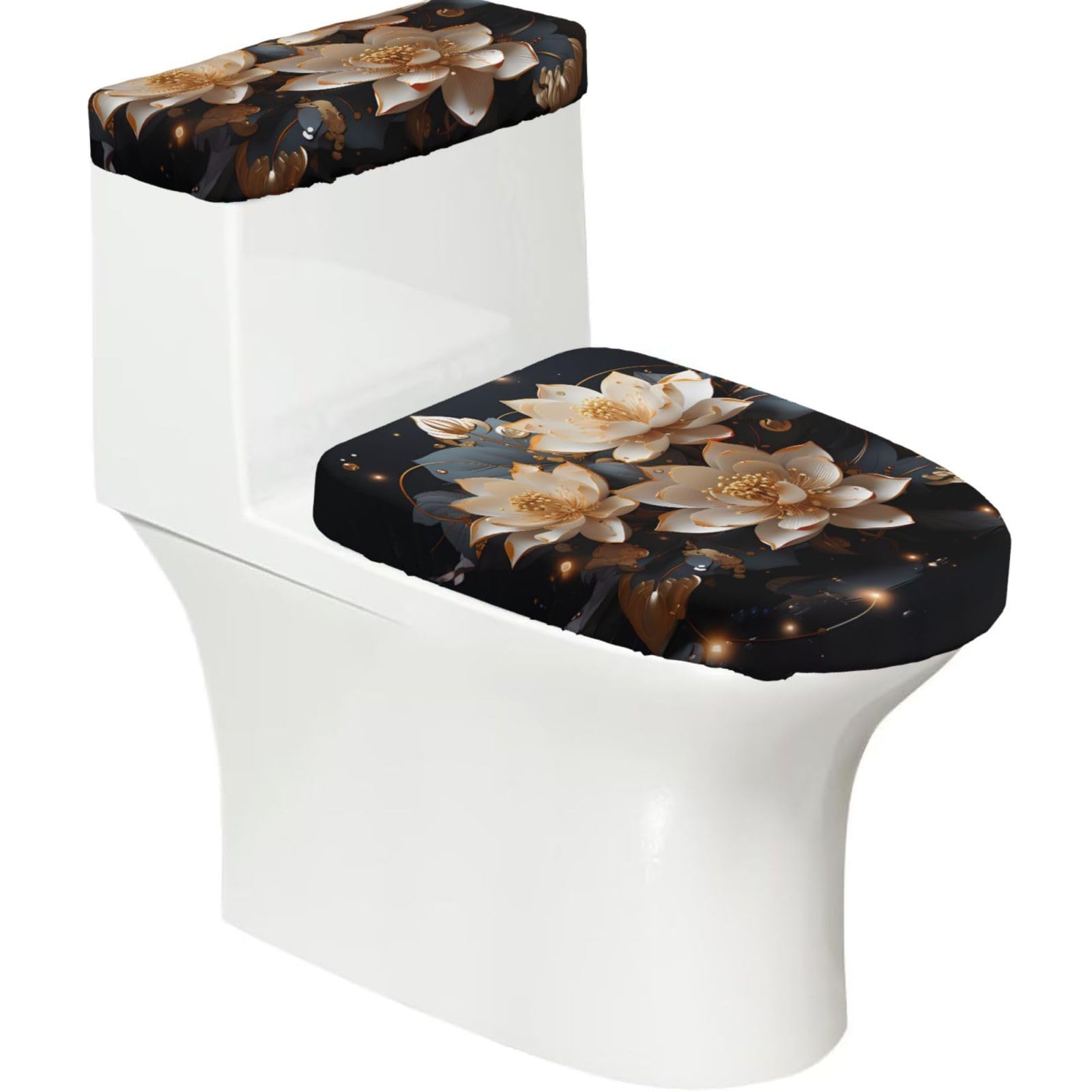 Bohemian Golden Lotus 2-Piece Toilet Seat Cover Set with Tank Lid - Elastic for U-Shape & Elongated - Bathroom Decor