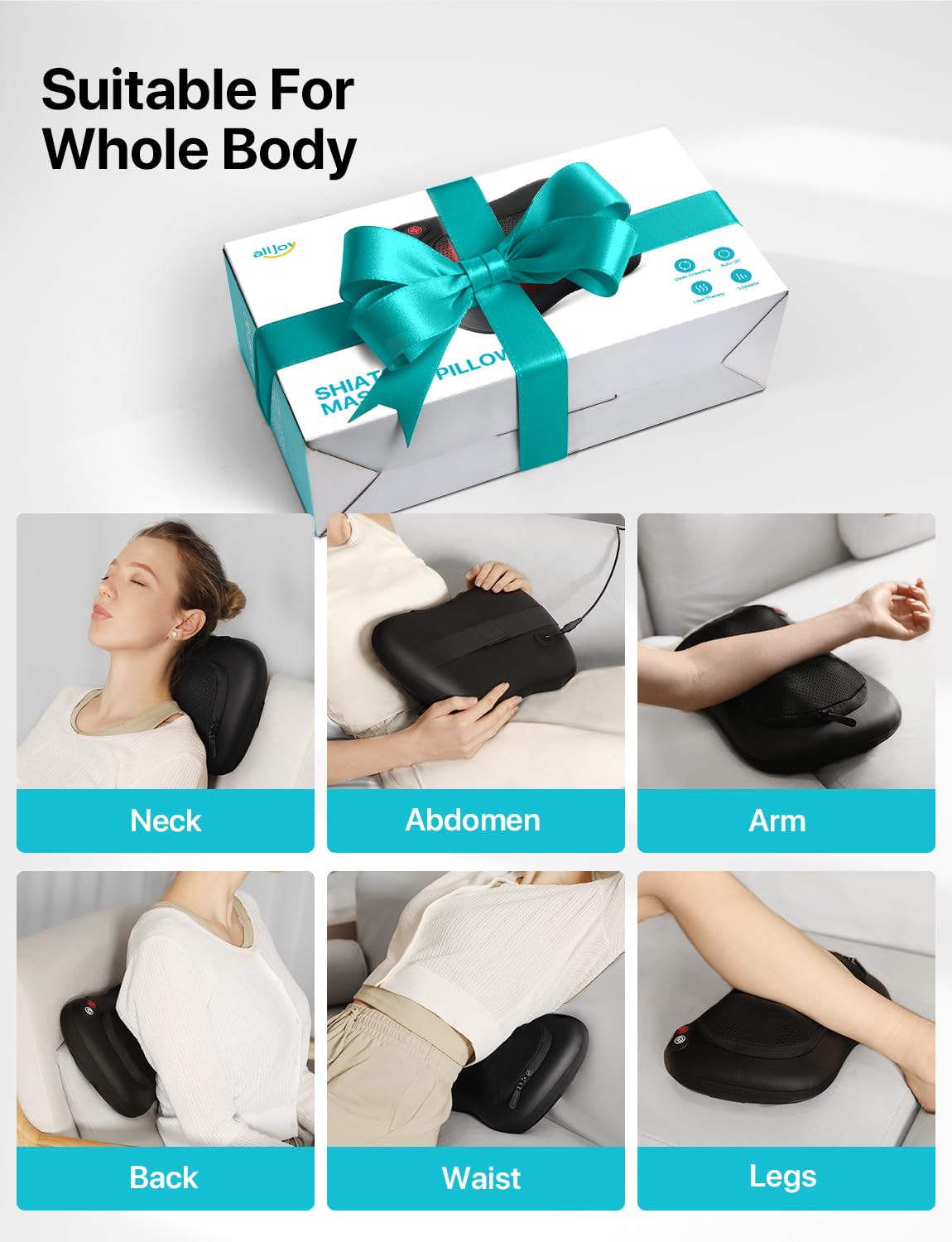 ALLJOY Cuscino massaggiante con funzione termica – Massaggiatore Shiatsu per collo, spalle e schiena – Massaggiatore per schiena con testine massaggianti rotanti 3D migliorate – Pelle PU, regalo per