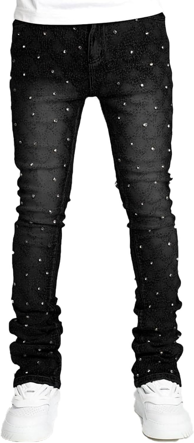 Men's Slim Fit Skinny Stacked Rhinestone Jeans Stretch Fit Stylish Streetwear Causal Y2K Denim Pants