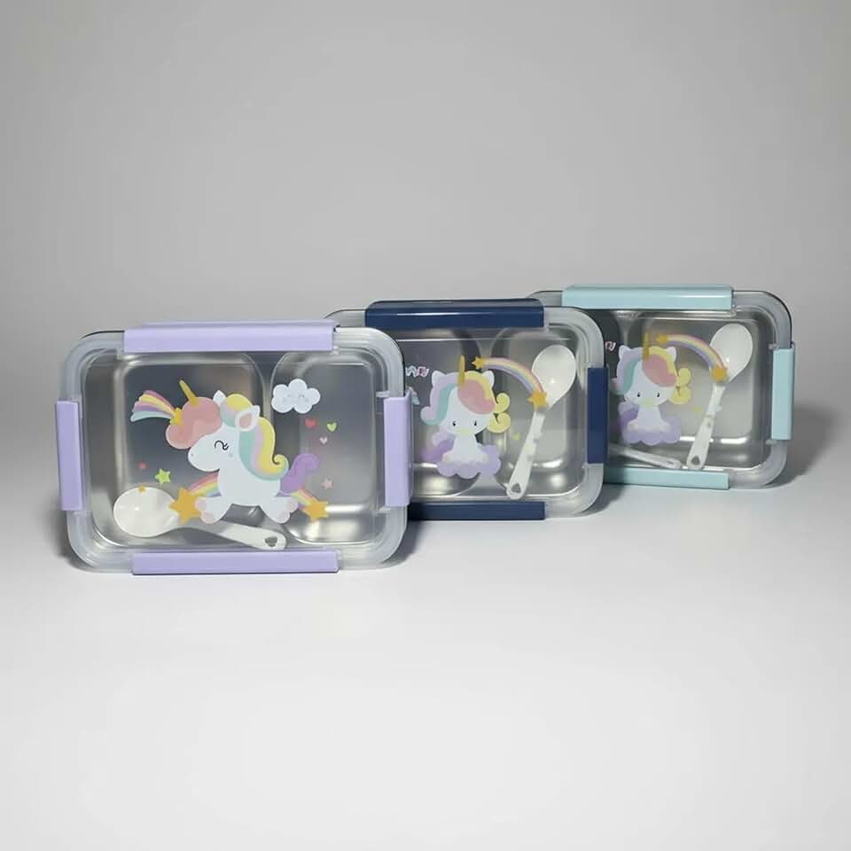 Lancheira de Aço Inoxidável com 2 Divisórias, Estampa de Unicórnio, Sortido