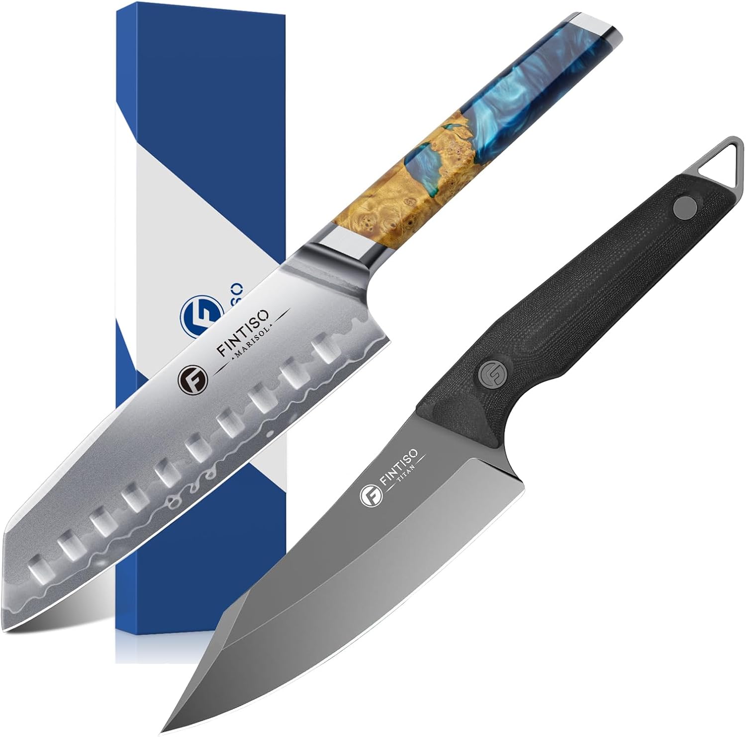 FINTISO Viking Knife 14C28N Black and Santoku knife 7 inch S35VN Powder Steel 7-Layer Clad Steel Gift Idea