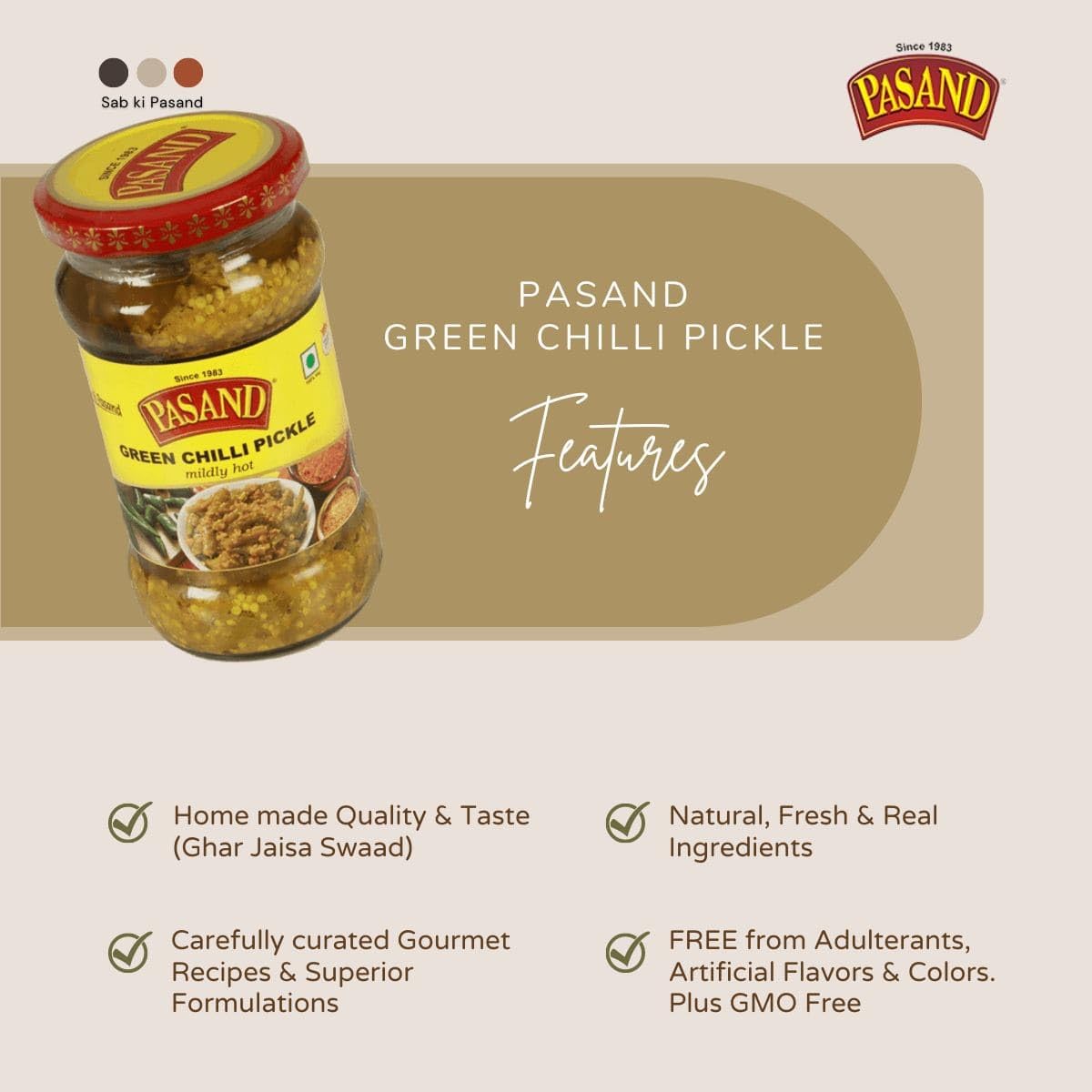 PASAND Green Chilli Pickle 280g | Hari Mirchi Ka Achar | mildly Hot & Spicy Green Chilli Pickle | Traditional Homemade Style Pickle | with mustard