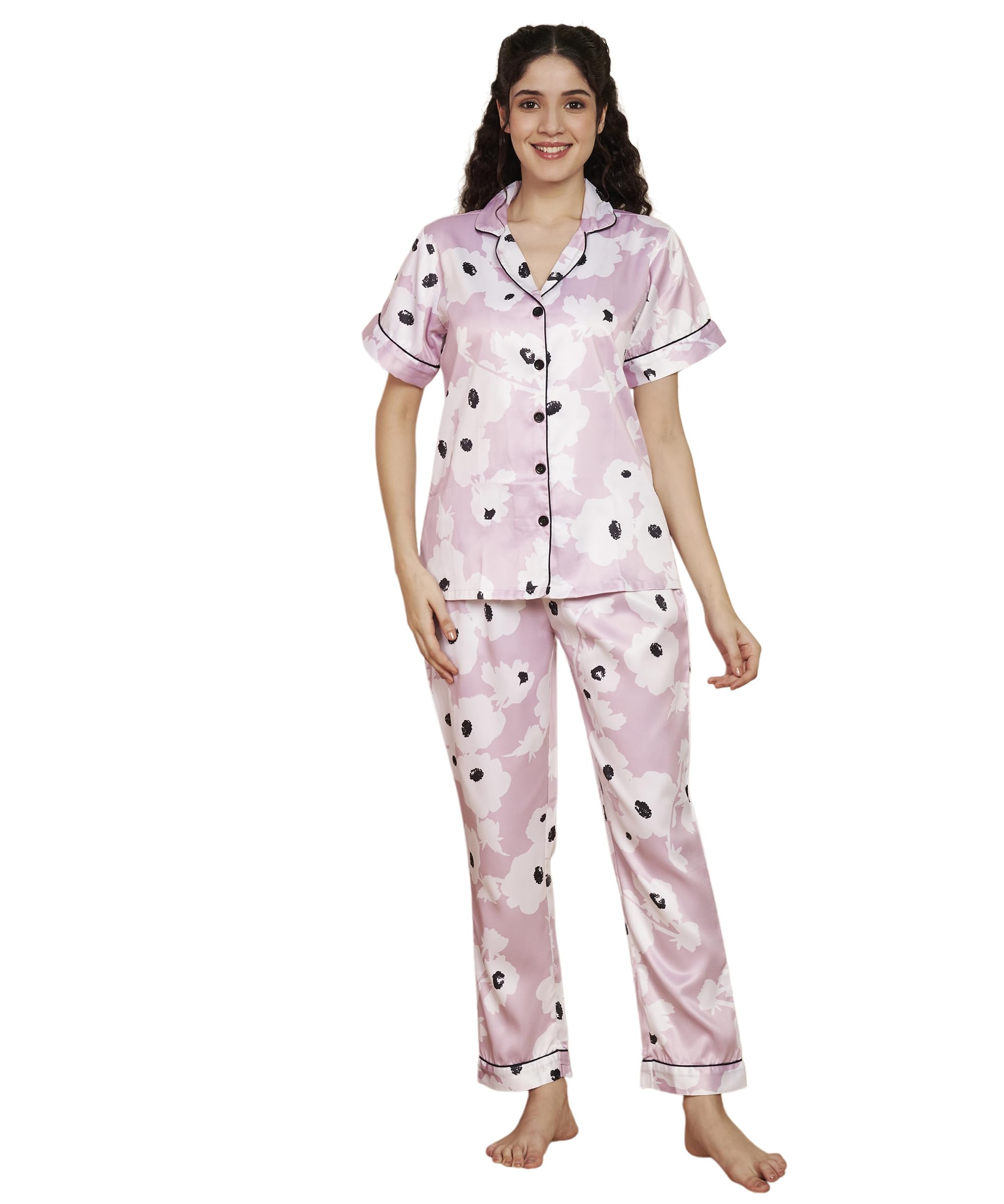 fbella Women?s Satin Night Suit | Pink Floral Printed Sleepwear Set-picture-9