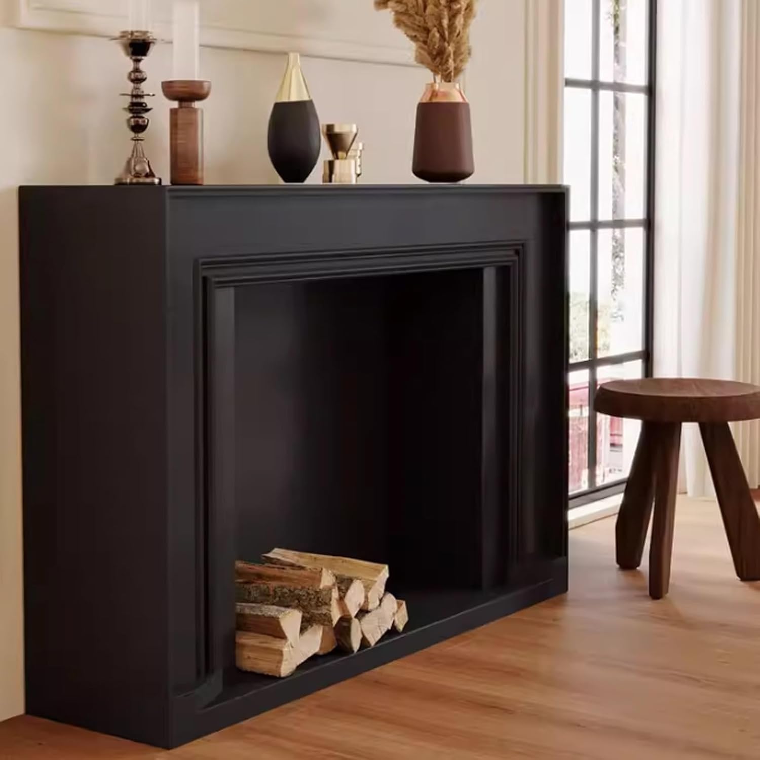 Fireplace Mantel Modern Fireplace Mantel Decorative Surround with Solid Wood Base Decorative(Black,Small)