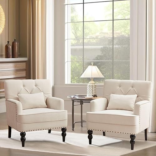 Miniatura 3 de HUIMO Silla de club copetudo silla decorativa con almohada lumbar sillón tapizado con botones sillas de sofá de tela de lino para dormitorio sala de