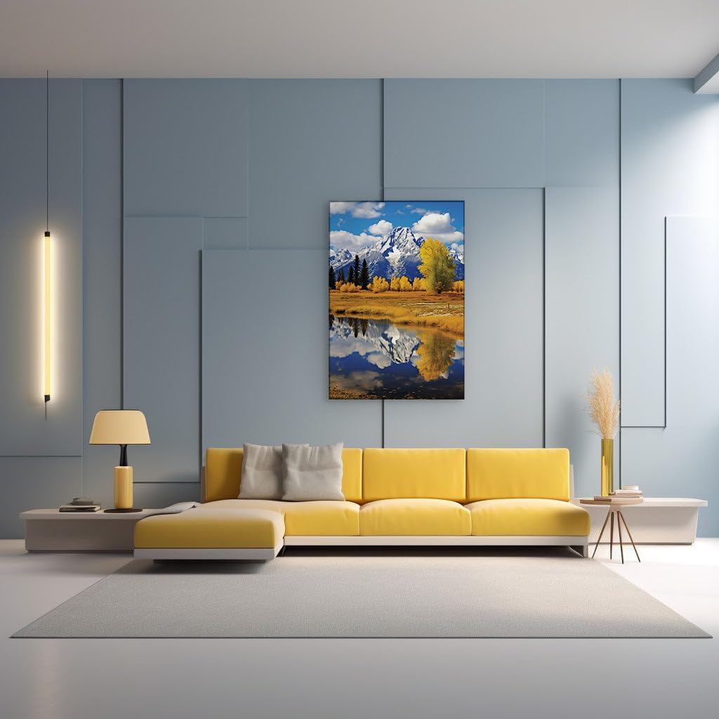 Canvas for Living room. Reflective Waters and the Majesty of Snow-Capped Peaks in Autumn's Embrace, 27 x 18 inch Canvas Wall Art - Contemporary Masterpieces - Modern Home Decor - 69x46 cm (27x18 inch)