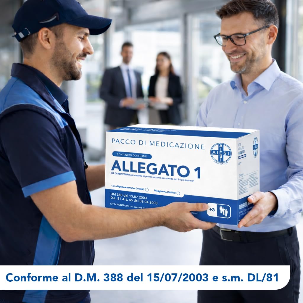 AIESI® kit di reintegro ALLEGATO 1 CON SFIGMOMANOMETRO pacco medicazione per cassetta di pronto soccorso aziende più 3 dipendenti, Conforme DM388/DL81, Made in Italy
