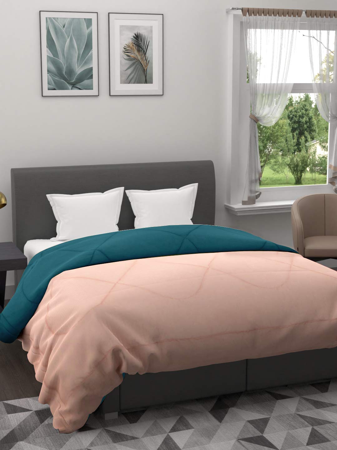 Clasiko Reversible Double Bed King Size Comforter/Duvet for Winters; Color - Coral Peach & Deep Teal; Fabric - Micro Cotton; 220 GSM; Size - 230x254 Cms; Color Fastness Guarantee