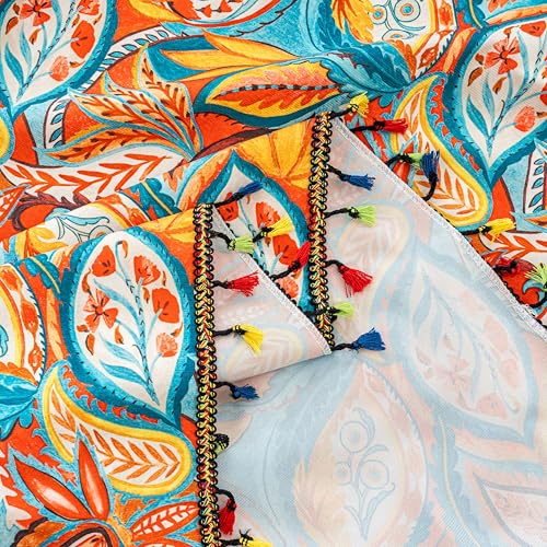 Image of Boho Paisley Curtains 84 Inches Long, Orange Blue Light Filtering Rod Pocket Drapes with Tassel Trim for Bedroom Living Room, 2 Panels