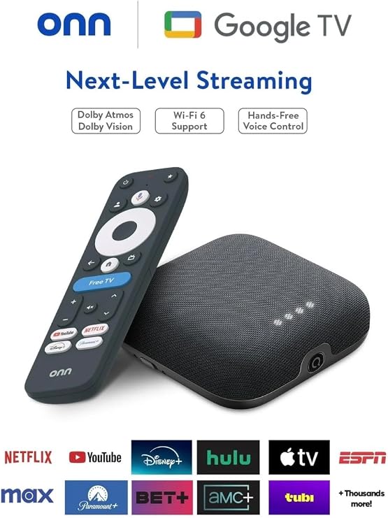 IT'S BRAZILIAN onn 4K Pro Streaming Device, Google TV with Gemini* - Ultra-Fast Streaming, Stunning 4K UHD, 32GB Storage, 3GB RAM, Dolby Vision & Atmos, Find My Remote with Backlight, Ethernet Port