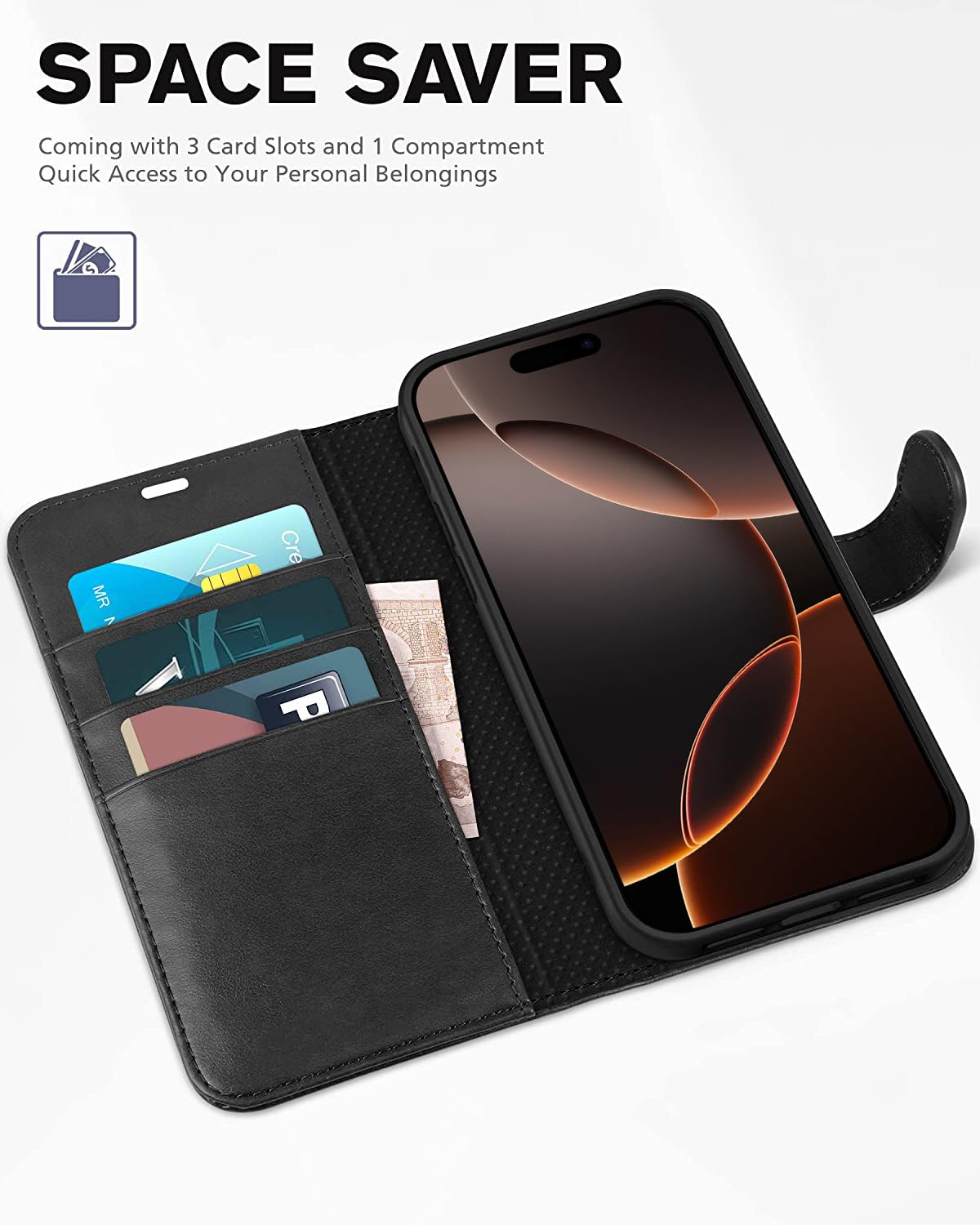 KP TECHNOLOGY Case for iPhone 16 Pro Max, Leather Case Book Flip Leather Wallet Cover with Card Slots for iPhone 16 Pro Max (BLACK) - Image 3