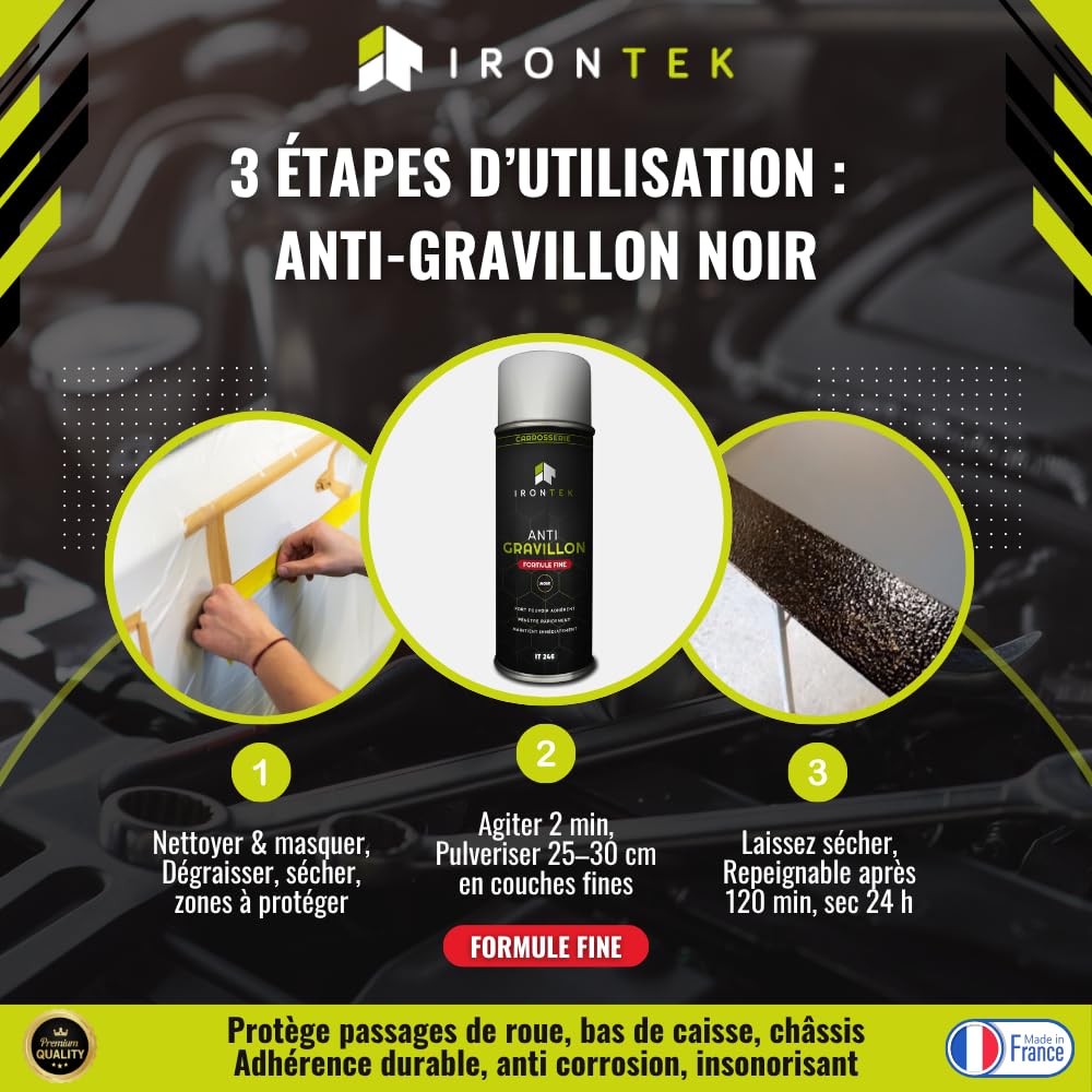 Anti-Gravillon Noir Protection Bas de Caisse 400ml - IRONTEK | IT246 | Fort Pouvoir adhérent | Formule Fine Pro | Anti-Corrosion & Insonorisant | Peut être Peint | Made in France (Formule Fine)