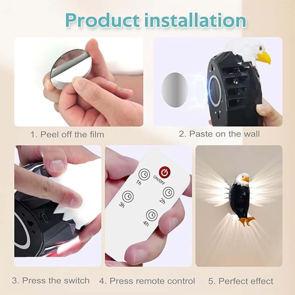 Lampada da Parete a Forma di Aquila Calva, Gufo, Uccello, LED, Applique Ricaricabile Senza Collegamento alla Rete elettrica con Telecomando, Resina, Decorazione Notturna per bambin