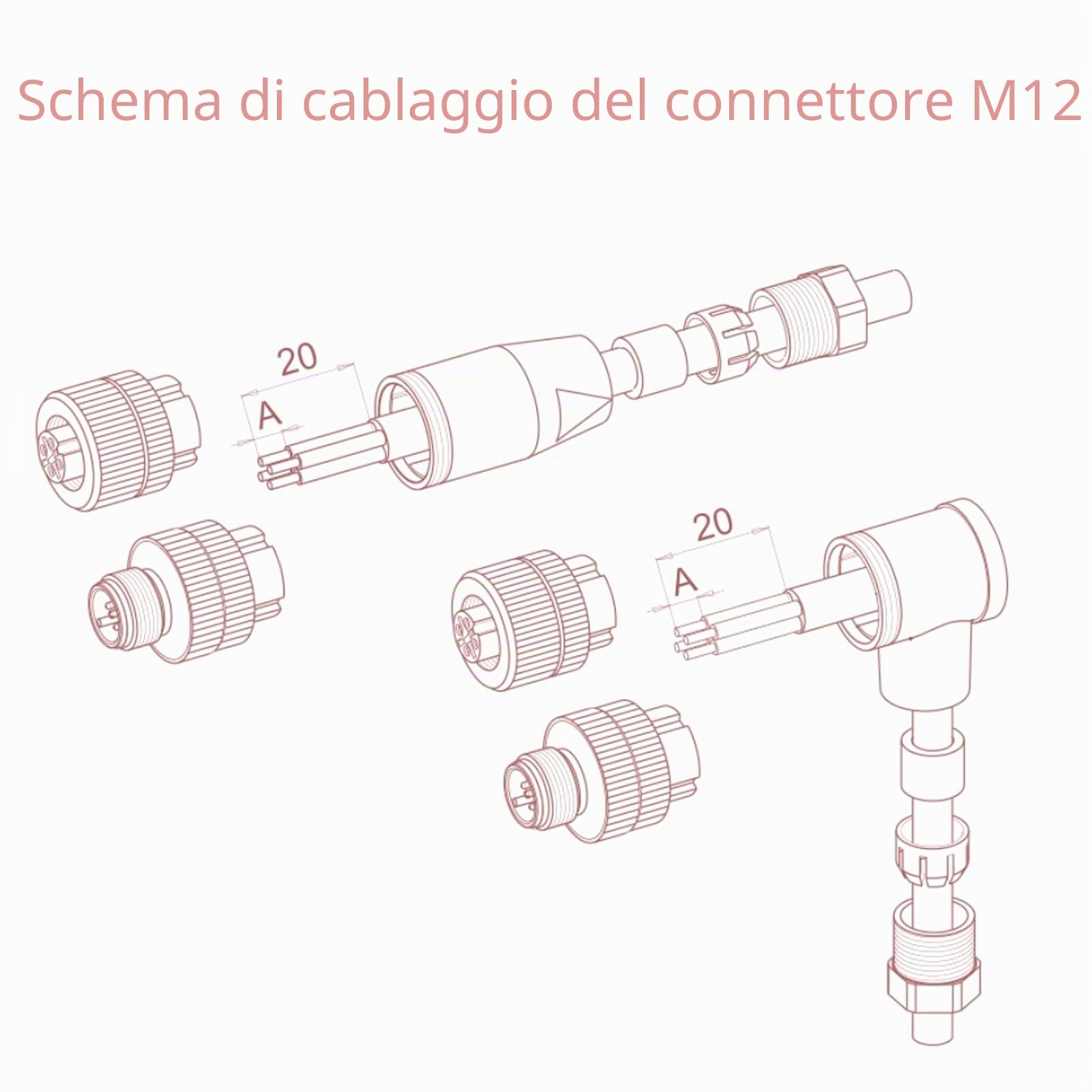 5 Pezzi M12 8 Poli Maschio Connettore, Connettore Circolare a 8 Pin Montaggio sul Campo IP67 Impermeabile A Codificati Diritto Vite Giunto Non Schermato per l'automazione Industriale 60V 4A