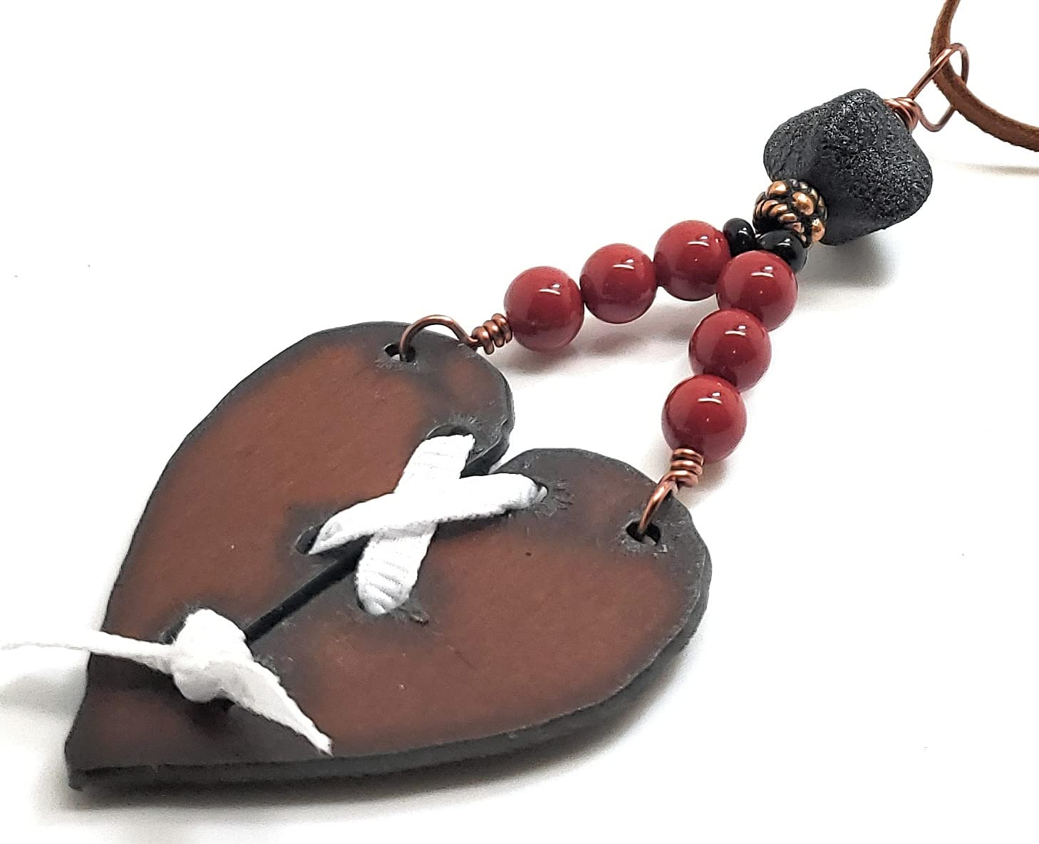Laced Heart Rusted Iron Necklace Red Bead