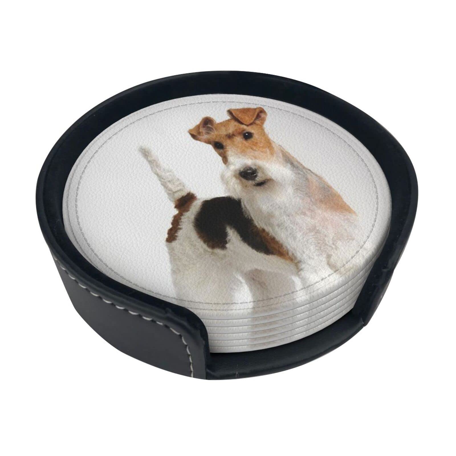 Wicron As Picture Round Coasters, Fox Terrier Dog,Mugs Pad Cups Mat Set Of 6 Leather Drinks Coasters With Holder