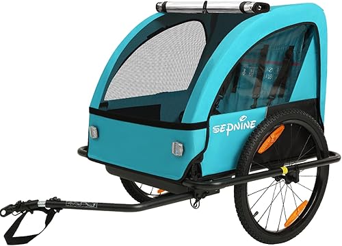 Sepnine Remolque de bicicleta para niños, adecuado para 1 a 2 niños, doble asiento, acoplador universal, plegable, toldo con pantalla contra
