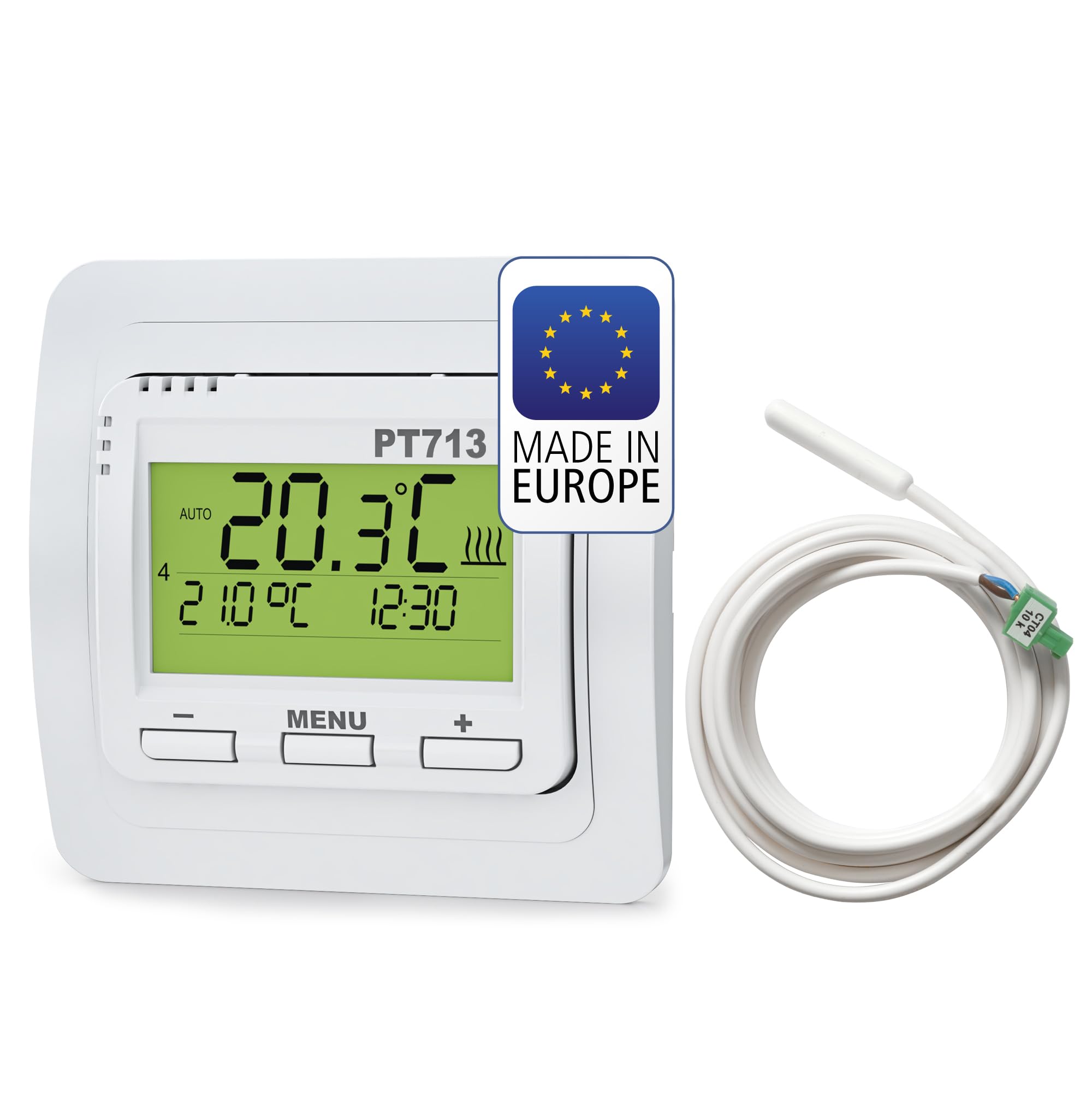ELEKTROBOCK PT713-EI Digitaler Wandthermostat - 𝖵𝖤𝖱𝖡𝖱𝖠𝖴𝖢𝖧𝖲𝖡𝖤𝖱𝖤𝖢𝖧𝖭𝖴𝖭𝖦 - Programmierbar - LCD Display Beleuchtet - Externer Fühler inklusive - Elektrische Heizungen