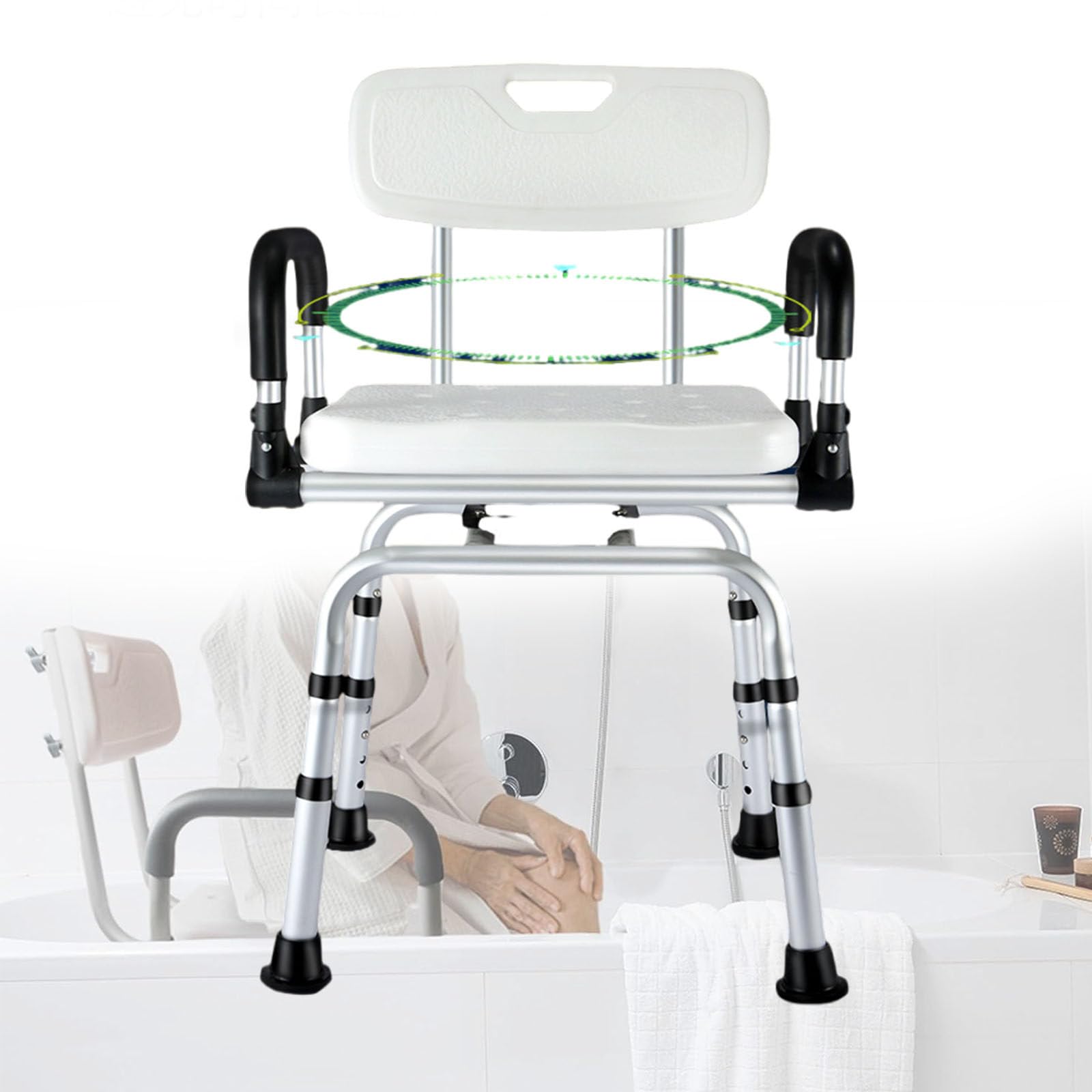 Silla de Ducha Asiento de baño con Brazos Acolchados, Respaldo extraíble y Patas Ajustables para Seguridad en la bañera y soporta un Peso de hasta 369 Libras