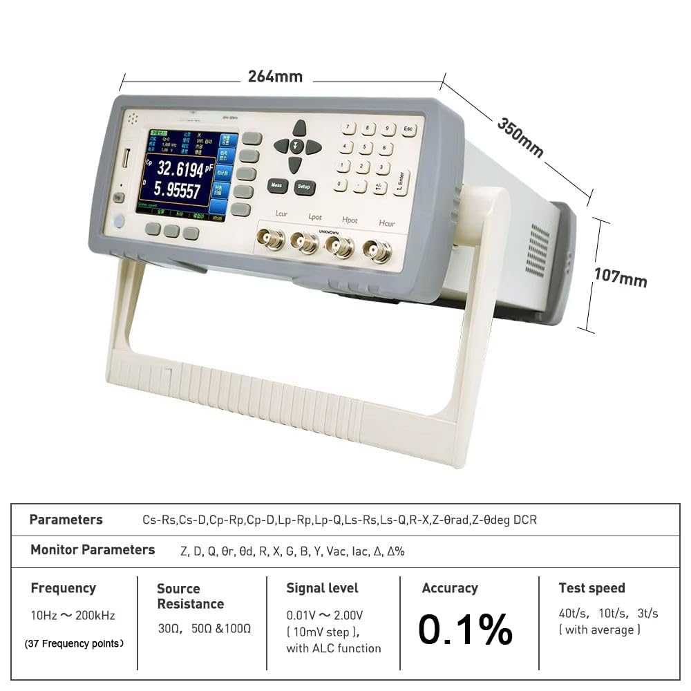 Benchtop LCR Meter Precision LCR Bridge with DCR 0.00001Ω~99.9999MΩ Frequency 50Hz~200kHz(37 Points) Accuracy 0.1%±5Digits Signal Level 0.01V~2.00V(10mV Step) Test Speed 30t/s 10t/s 3t/s