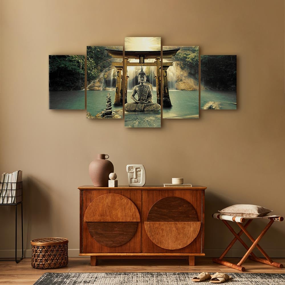 murando Cuadro en Lienzo Buda 200x100 cm Impresión de 5 Piezas Material Tejido no Tejido Impresión Artística Imagen Gráfica Decoracion de Pared Oriente Zen Cascada p-A-0033-b-n