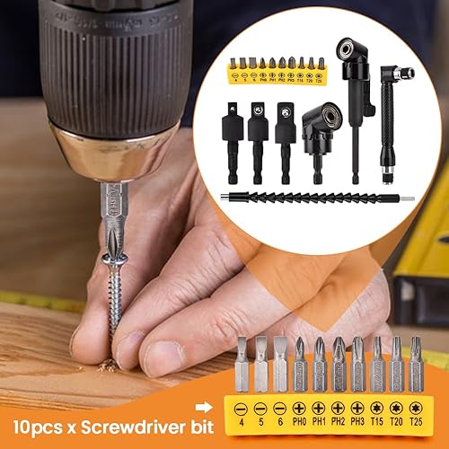 Miniatura 6 de 17 extensiones de broca flexible, con 3 adaptadores de enchufe giratorios, 2 accesorios de taladro hexagonal de 105° en ángulo recto, 10 puntas de